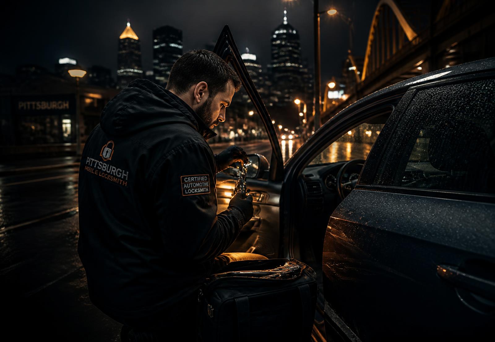 Mobile automotive locksmith technician unlocking a car at night in Pittsburgh